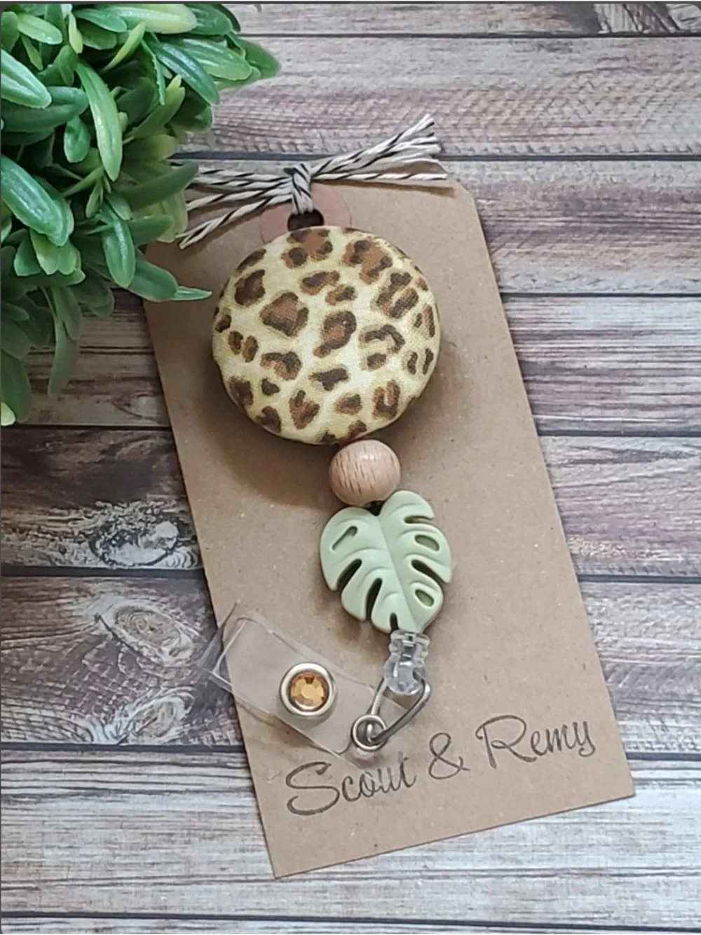 Leopard Print Badge Reel with Green Leaf Charm